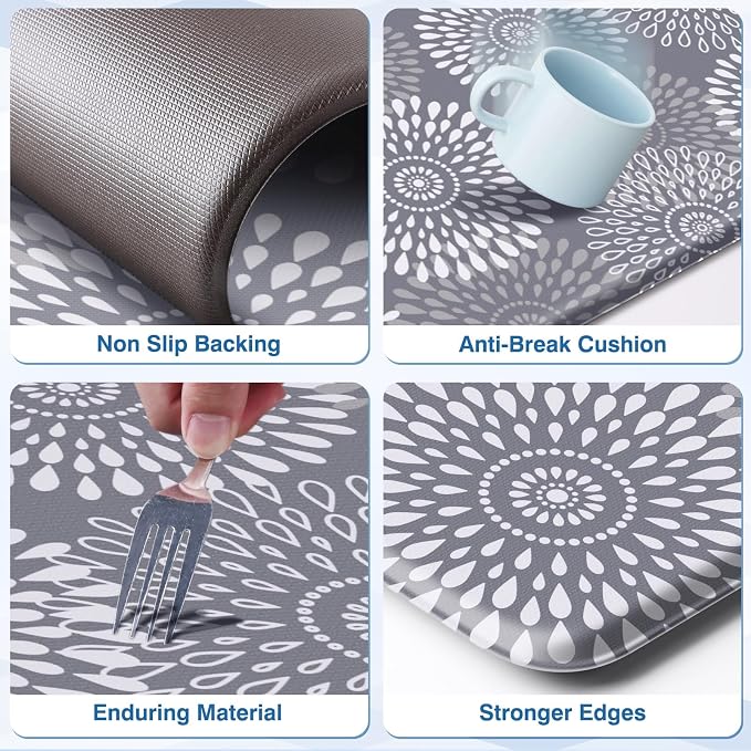 LuxStep Kitchen Mats for Floor,Cushioned Rug Anti-Fatigue Mats for Kitchen Decor Accessories,Waterproof Non-Slip Mats and Rugs Set for Office,Floor,Laundry 17.3"×30"+17.3"×59",Grey
