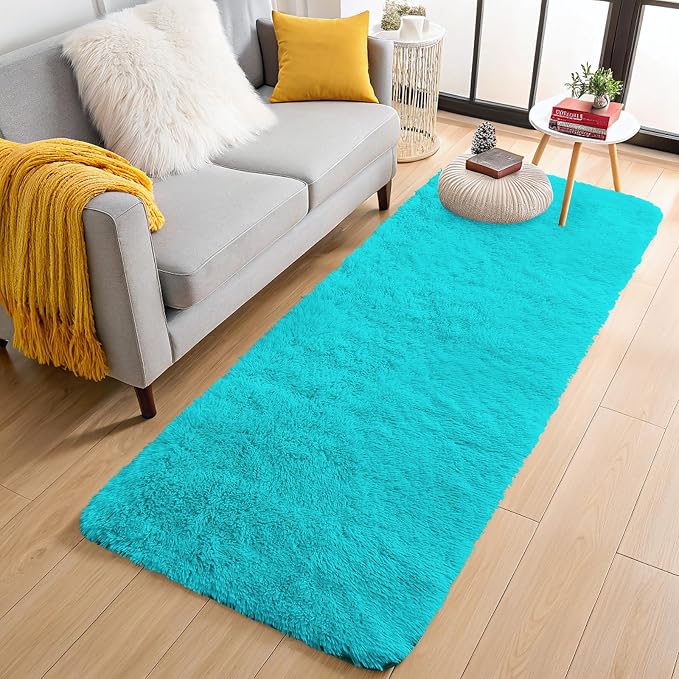OLANLY 2x5 Machine Washable Runner Rugs for Hallway, Soft Fluffy Shaggy Bedside Rugs for Bedroom, Living Room, Indoor Floor Carpet for Kids Girls Boys, Nursery Rooms, Home Decor Aesthetic, Teal Blue