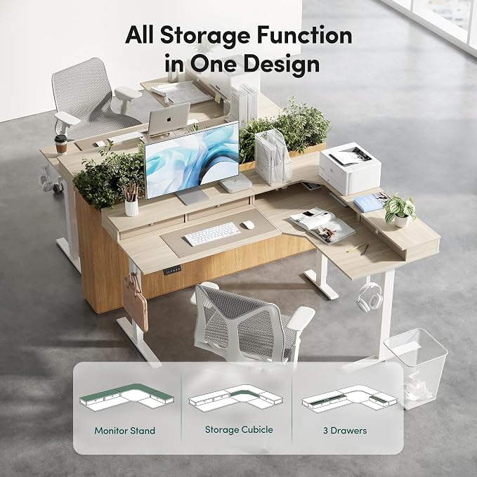 CubiCubi L Shaped Standing Desk with Drawers 63 x 48 Inch Adjustable Height, Electric Corner Desk with Storage, Sit Stand Home Office Desk with Splice Board, Light Walnut