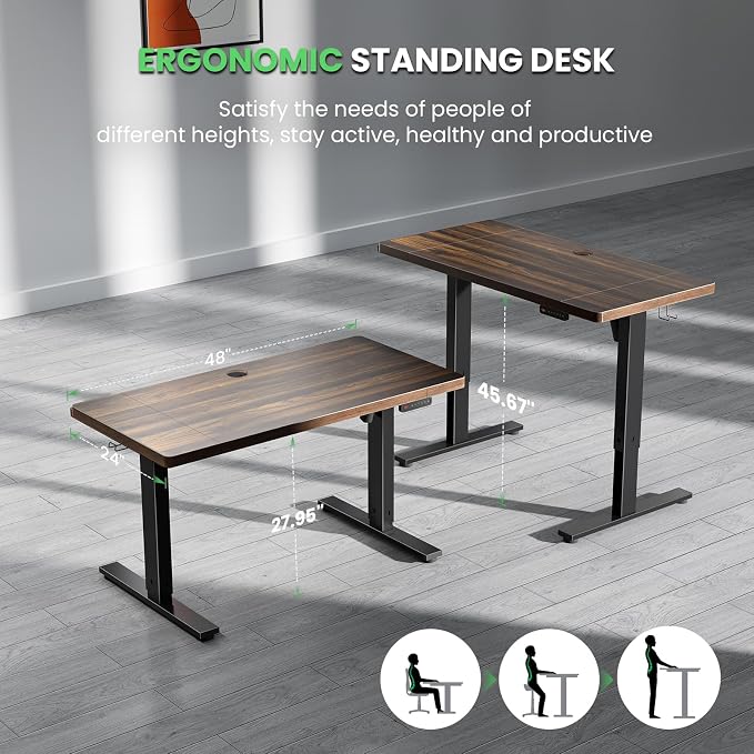 SIAGO Electric Standing Desk Adjustable - 48 x 24 Inch Sit Stand up Desk with 0.8 Inch Thick Tabletop - Adjustable Height Table with 3 Memory Preset, Cable Management for Home Office