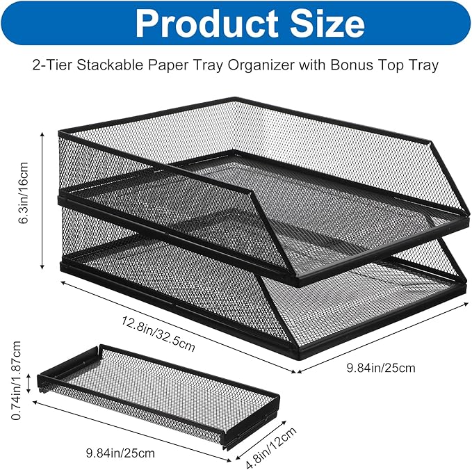 2-Tier Stackable Paper Tray Organizer with Top Tray, Metal Mesh Desktop File Holder & Document Sorter for Office, Home, Learning Places (Black)