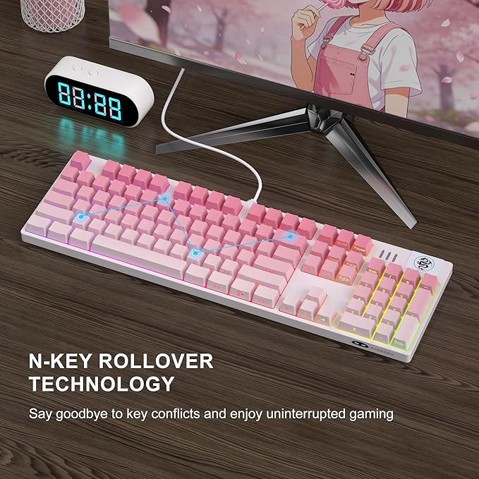 MageGee MK-Storm Mechanical Gaming Keyboard, 104 Keys Wired Light Up Keyboard with Linear Red Switch, RGB Backlit, Side Printed Keycaps, N-Key Rollover for Laptop, Desktop, PC (Gradient Pink)