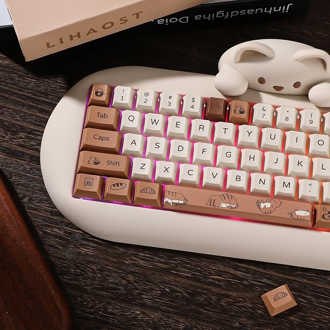 YUNZII Coffee Cat Dye Sub PBT Keycaps,152 Full Keys Dye Sublimation Custom Keycap Set with Key Puller for Cherry Gateron MX Switches Mechanical Gaming Keyboard (Cherry Profile, Coffee Cat)