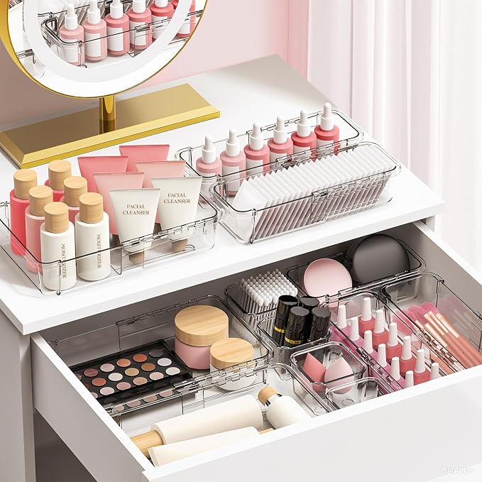 DILIBRA 16 Pcs Clear Extendable Drawer Organizer, Adjustable Drawer Storage | 3-Size Desk Drawer Organizer, Plastic Non-Slip Storage Bins for Makeup Cosmetic Jewelries Utensils Stationery Dressers Tool
