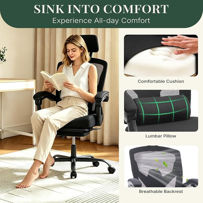 Ergonomic Office Chair with Footrest, High Back Home Desk Chair with Lumbar Support & Headrest, 90-135° Reclining Mesh Back Computer Chair with Wheels for Work, Gaming, Black