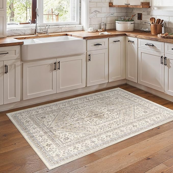 Washable 3x5 Area Rug for Entryway - Bedroom Rugs with Non Slip Rubber Backing for Kitchen Bathroom Indoor Soft Stain Resistant Carpet Rug for Pet Feeding Area and Distressed Floor Decor Beige/Gray