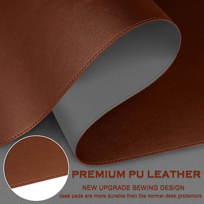 Double-Sided Office Desk Mat, Large Mouse Pad, Waterproof PU Leather Protective Pad, Laptop Desk Pad, Dual Use Cover Protector for Office/Home Keyboard (Brown+Grey, 31.5''×15.8'')