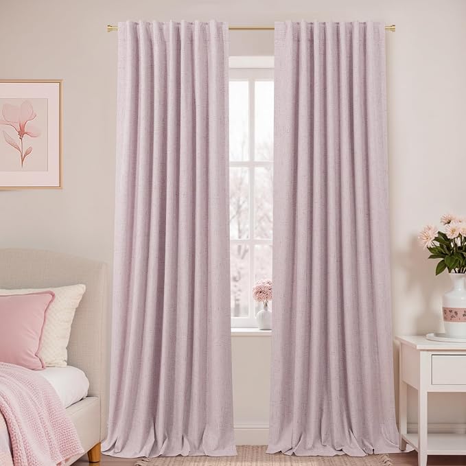 KOUFALL Light Pink Linen Blackout Curtains for Bedroom Nursery Girls Room 90 Inches Long,Modern Grey Pink Textured Back Tab Pleated Black Out Girly Curtains for Baby Toddler 2 Panels