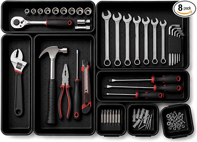 Masirs Interlocking Drawer Organizer Bins 8 Piece, Desk Junk Drawer Tray | Tool Box Organizer Tray, Kitchen Office Garage, Modular Plastic, 3 Sizes (2 Lg 3 Med 3 Sm), Black, Custom Layout