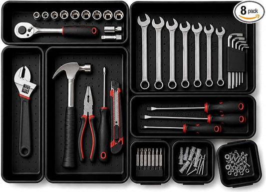Masirs Interlocking Drawer Organizer Bins 8 Piece, Desk Junk Drawer Tray | Tool Box Organizer Tray, Kitchen Office Garage, Modular Plastic, 3 Sizes (2 Lg 3 Med 3 Sm), Black, Custom Layout