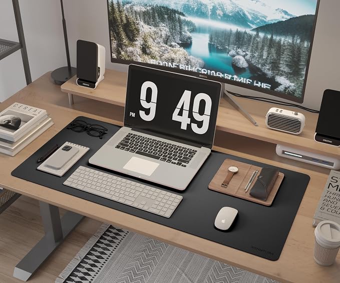 RENMTURE Desk Pad, Cork & PU Leather Desk Mat, Large Mouse pad, Non-Slip Desk Protector and Blotter, Waterproof Writing Pad, Desk Accessories and Organizers for Home Office (Black, 36"x17")