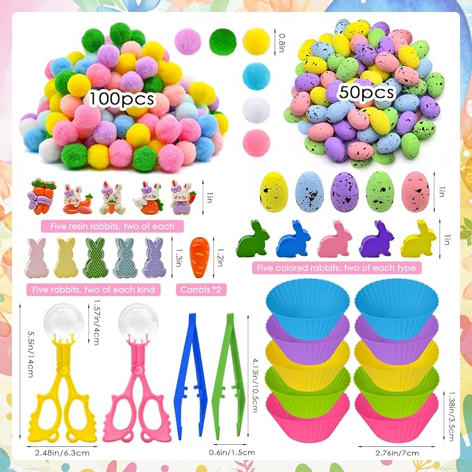 196 Pcs Easter Sensory Bin Filler Bunny Egg Carrot Flower Counting Sorting Sensory Bin Items Fine Motor Easter Counts for Spring Summer Counting Decor