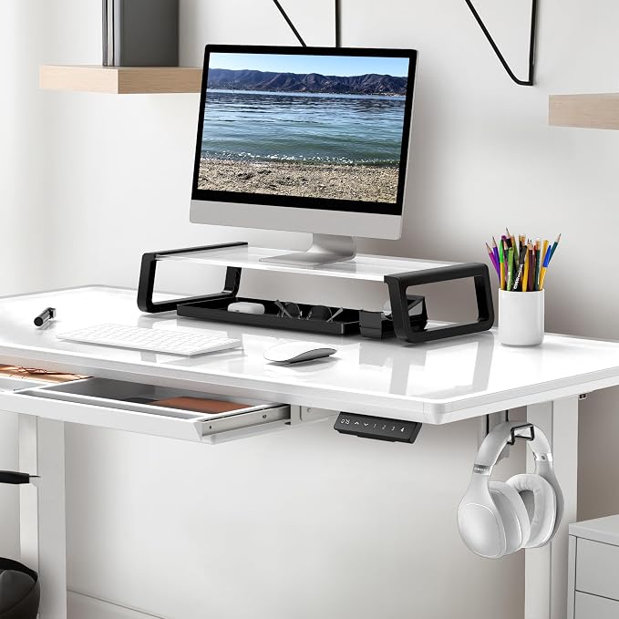 SHW 48-Inch Glass Electric Height Adjustable Standing Desk, White | w/ Monitor Riser | Memory Presets and Cable Management | Drawer with Built-in Compartments | Hanging Hooks