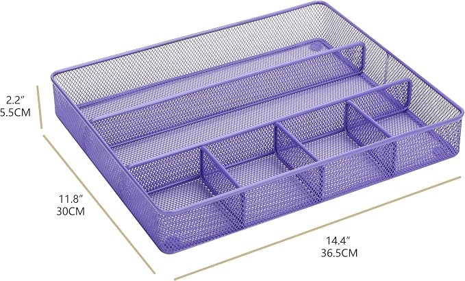 Annova Desk Top Organizer Tray for Office Organization - Metal Mesh - Storage Tray with Dividers for Pens, Desktop Accessories, Bathroom, Kitchen, Makeup and Office Supplies (Large, Purple)
