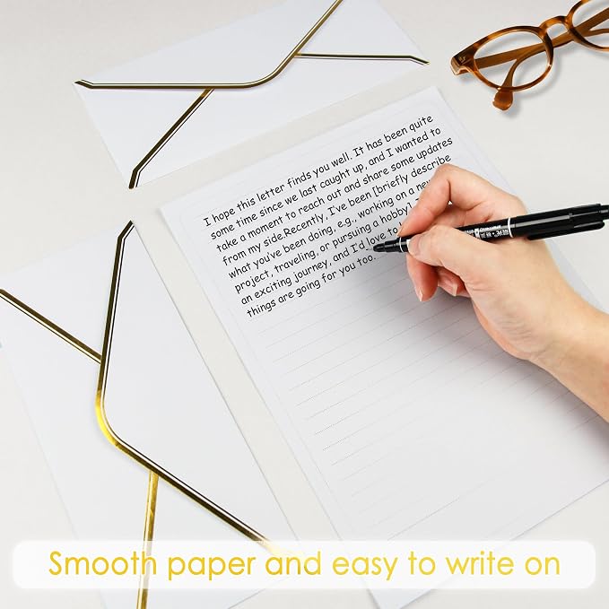 J6&H6 Gold Thread Stationary Paper and Envelopes Set Including 12 Standard Sized Phnom Penh Envelopes and 24 Sheets of Lined Paper Suitable for Daily Emotional Expression Formal Communication(White)