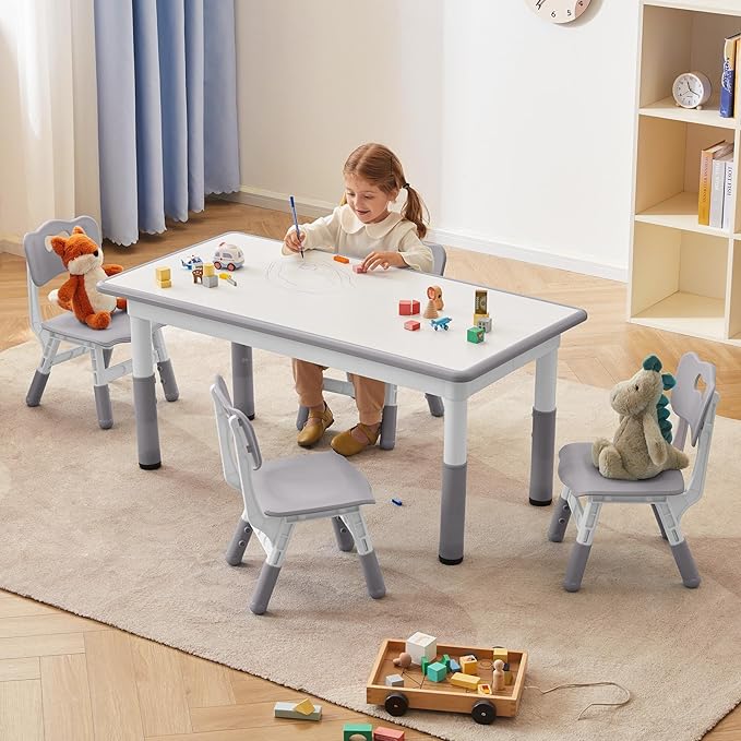 DOREROOM Adjustable Kids Table & 4 Chairs Set, 47.2" L x 23.6" W, Grey | Graffiti Desktop,Table Supports 300 lbs,Toddler Ages 2-8，FSC-certified, Children Activity Table for Daycare, Classroom, Home