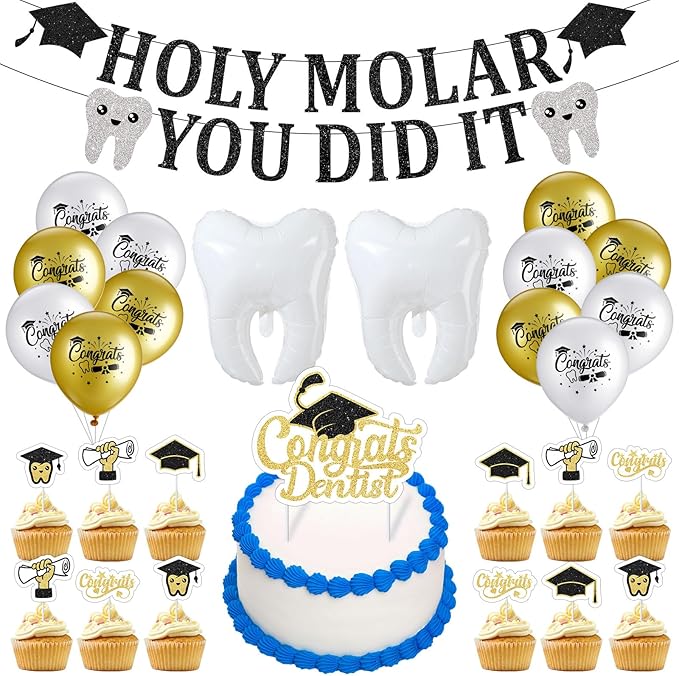 Colingmill 30 Pcs Dentist Party Decor Congrats RDH Dental Kit with Pull Flags Cake Sticks Tooth Balloon White Ribbon for Dentist Supplies Back to School Party Favor