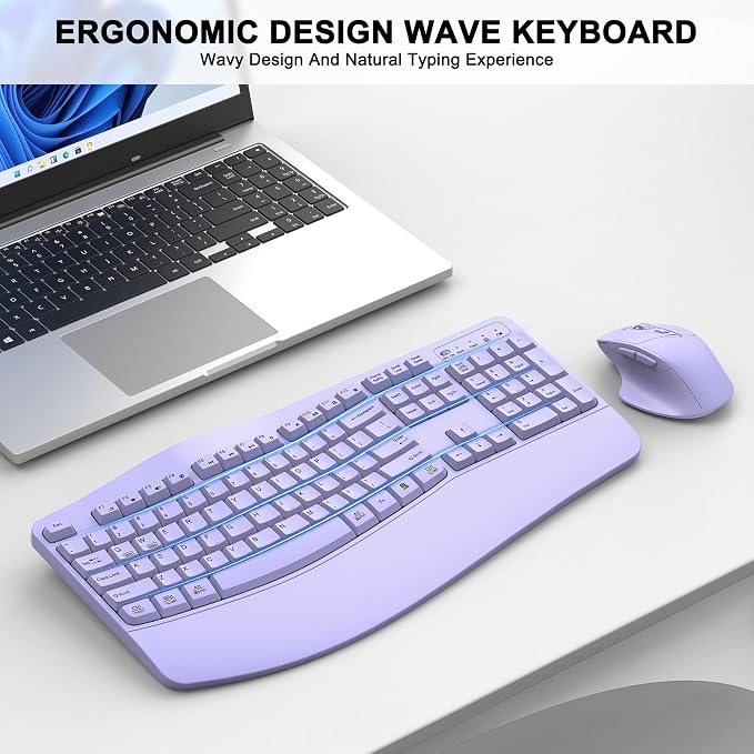 Wireless Keyboard and Mouse Combo, 2.4G Full Size Wave Keys Ergonomic Keyboard with Wrist Rest and 3-Level DPI Adjustable Wireless Ergonomic Mouse for Windows, Mac OS Desktop/Laptop/PC(Purple)