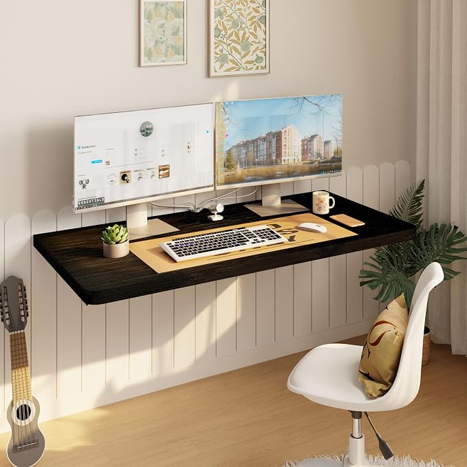 IAE Floating Wall Mounted Folding Table Desk with Pine Wood,36" x 22" Folding Workbench,Fold Down wall Mounted Foldable Table with Shelf Brackets,Laundry Folding Table for Apartment,Home,Kitchen,Black