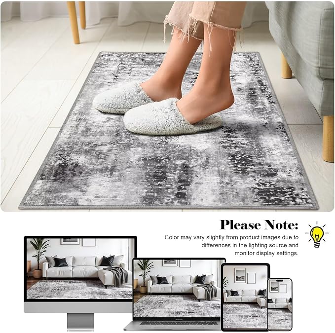 Macgace Washable Abstract Rug, 2x3 Small Modern Area Rugs with Non-Slip Rubber Backed for Kitchen, Thin but Soft Throw Carpet Bedroom Entryway Front Door Decor, Dark Grey