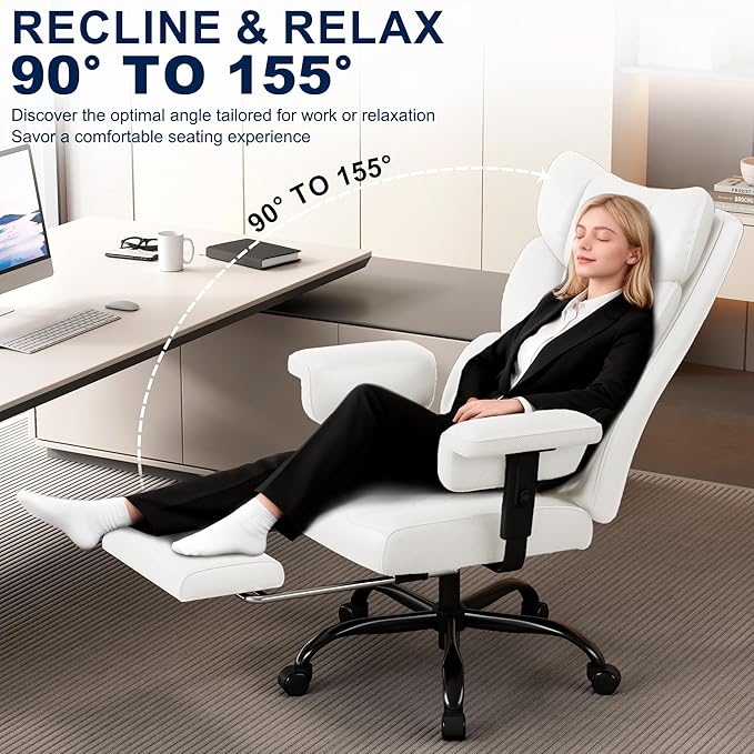 Misolant Big and Tall Office Chair with Footrest, High Back Executive Desk Chair with Adjustable Lift Armrest, 155°Recline，Lumbar Support Pillow, Faux Leather Gaming Chairs for Home or Office