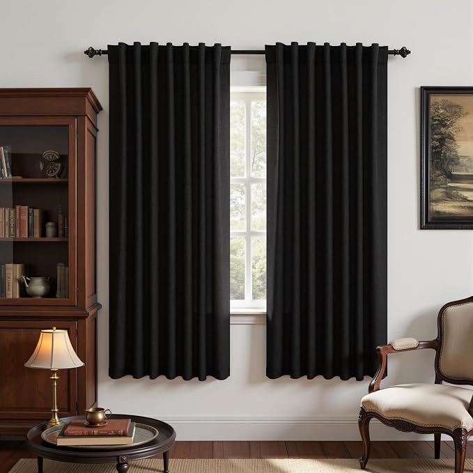 KOUFALL Black Linen Thermal Blackout Curtains for Bedroom, Boho Farmhouse Style Gothic Whimsy Goth Dark Out Curtains for Living Room, Wide 52 x 63 Inch Long, 2 Panels Set