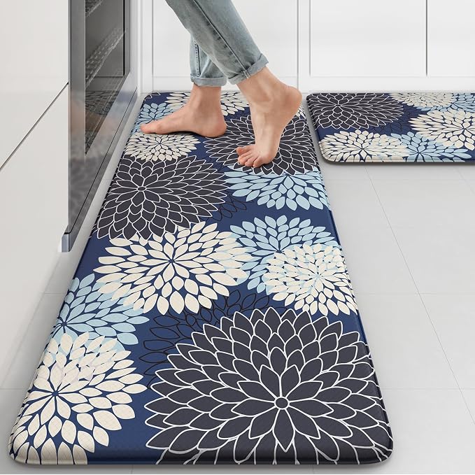 KIMODE Anti Fatigue Kitchen Mats 2PCS Kitchen Mat for Floor Cushioned | Dahlia Boho, Kitchen Rugs Non Slip Rubber Backing Farmhouse Waterproof Standing Mat for Kitchen Sink Desk Mutil-Blue