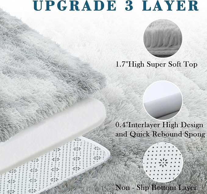 3x5 Rug, Bedside Preppy Dorm Area Rug, College Essentials Small Carpets for Bedroom, Anti Slip Fluffy Gray Living Room Rugs Home Decor Aesthetic(3 x 5, Light Grey Tie-Dyed)