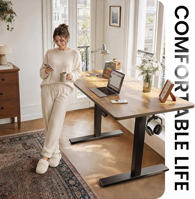 CubiCubi One-Piece Standing Desk, 55 x 28 Electric Height Adjustable Computer Desk, Sit Stand up Home Office Workstations with Whole-Piece Desktop, Rustic Brown