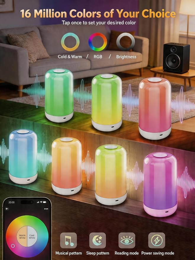 Smart Touch Bedside Table Lamp [Multi-Color & Warm Lights], 3600mA Cordless Small Table Lamp Rechargeable, 7 Colors & Fully Dimmable LED Night Lights for Bedroom Nightstand Nursery Living Room