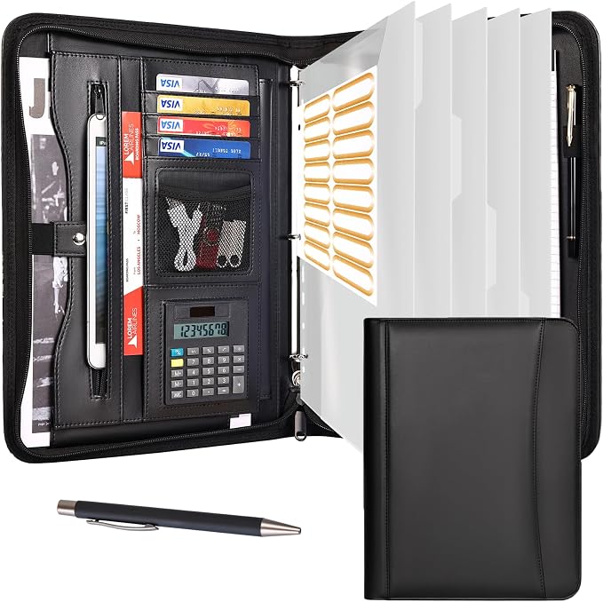 Eshow Portfolio Organizer - 3 Ring Binder with Zipper, Vegan Leather Business Padfolio Folder with Notepad Includes 5 Clear Sheet Protectors for Documents Files for Men Women