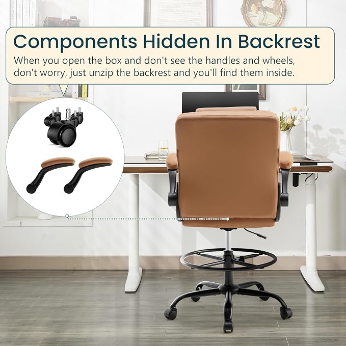 Drafting Chair 500Lbs, Tall Office Chair for Standing Desk, High PU Leather Executive Office Chair with Flip-up Armrests, Ergonomic High Chair with Adjustable Foot Ring, Comfy Stool Chairs, Brown