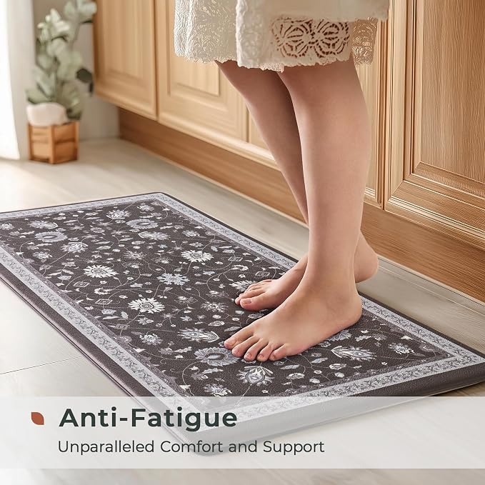 FRESHMINT Vintage Floral Kitchen Mat 2 Piece, 17x30''+17x47'', Ebony Black | Anti-Fatigue, Non Slip, Comfort, Kitchen Decor, Easy to Clean, Waterproof, Perfect for Kitchen, Laundry, Office