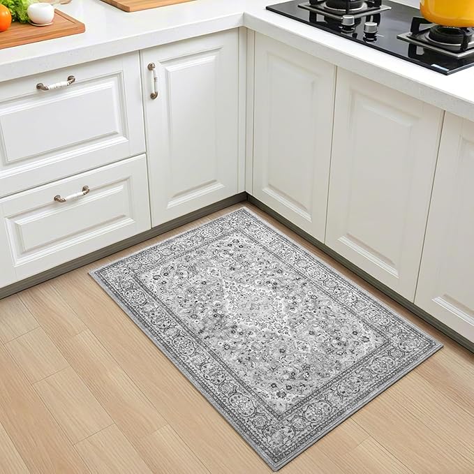 Grey Small Washable Area Rug, 2x3 Boho Vintage Entryway Rugs, Soft Non Slip Floral Door Mat, Aesthetic Low Pile Carpet for Front Door Entry Carpets Entrance Bedroom Kitchen