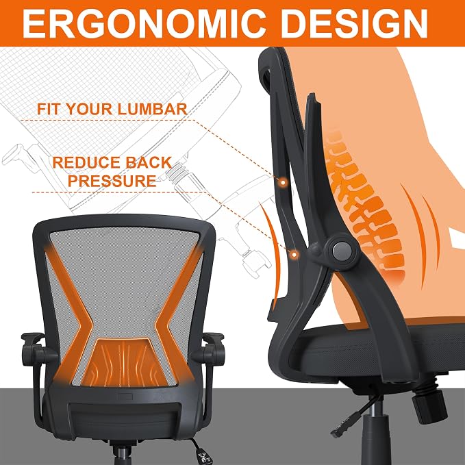Mesh Office Chair Ergonomic Mid Back Swivel Black Mesh Desk Chair Flip Up Arms with Lumbar Support Computer Chair Adjustable Height Task Chairs