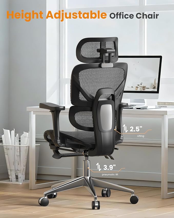 naspaluro Ergonomic Office Chair Lumbar Support High Back 350lbs Capacity | Adjustable Height Breathable Mesh Swivel Desk Chair with 3D Armrest Headrest, Footrest, PU Wheels, Comfy Computer Chair Black
