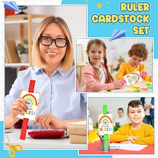 50 Sets Back to School Gifts Plastic Rulers with Inspirational Cards 12 Inch Transparent Assorted Color Ruler with Centimeters and Inches Gifts for First Day Student Classroom Prize School Supplies
