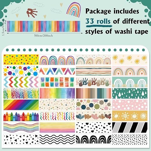 TaoBary 33 Rolls Washi Tape Set, 15 mm Holiday Washi Tape Set Seasonal Plaid Bohemian Colorful Vintage Cute for Card Wrapping Craft(Rainbow Style)