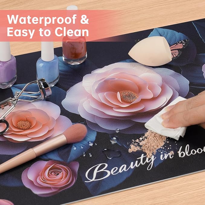 Dual-Sided Synthetic Leather Decorative Makeup Mat for Crafting, Furniture Protection, Scratch & Stain Resistant Surface Desk Pad, Waterproof Easy to Clean Vanity Protector (Pink Camellia)