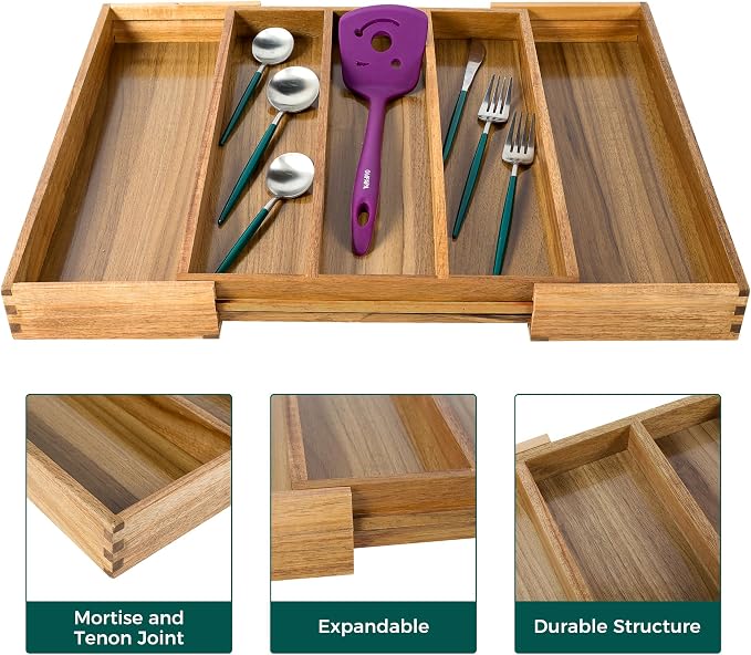 Utoplike Acacia Kitchen Drawer Organizer Expandable, Utensils Cutlery Tray | Large Silverware Divider for Knives, Flatware, Knives in Kitchen, Bedroom, Living Room, Adjustable 3-5 Slots