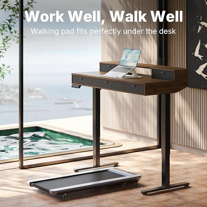 HUANUO 48 x 24 Inch Electric Standing Desk with 4 Drawers, Walnut | 4 Drawers For Organized Storage, Raised Monitor Shelf, C-Clamp Mount Support, 4 Memory Presets, 28.3–46.5 Inch Height Range