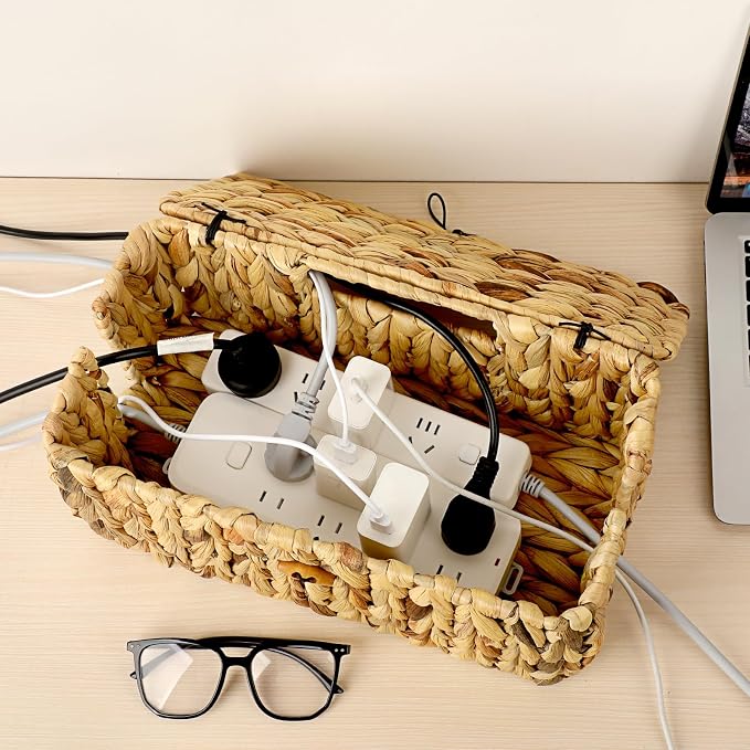 BTSKY Woven Cable Management Box with Lid Water Hyacinth Cord Organizer, L | Cable Organizer Box with 2-Open Slots to Hide Power Strips USB Hubs for Desk, Home & Office, Pet Proofing Cord Basket