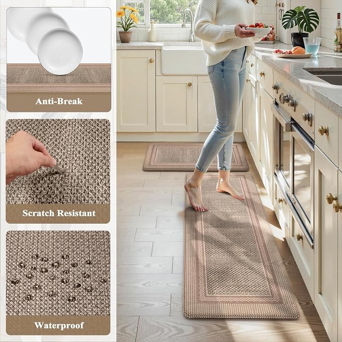 KIMODE Anti Fatigue Kitchen Mats for Floor,Farmhouse Kitchen Rugs Sets of 2 | Cushioned Kitchen Floor Mats,Comfort Standing Mat for Kitchen Decor Laundry Office Desk Apart Grayish Brown 17"x47"+17"x29"