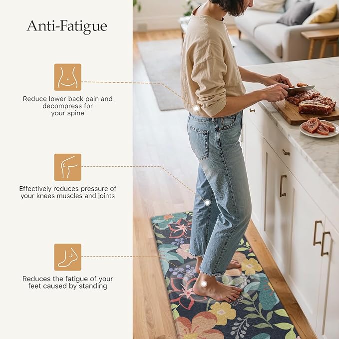 GENIMO Anti Fatigue Kitchen Mats for Floor 2PCS, Cushioned Standing Mats | 17.3"x47"&17.3"x30", Light Black vintage floral rug set, waterproof, non slip, easy-clean for farmhouse