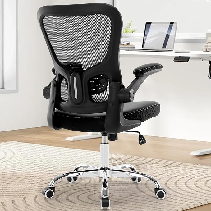Ergonomic Office Chair Adjustable PU Leather Computer Chair with Lumbar Support,Flip-Up Arms, Breathable Mesh Back, Swivel Rolling Executive Desk Chair for Home Office, Black