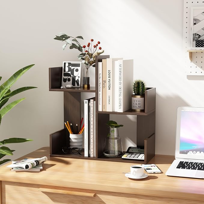 Modern 2-Tier Desk Bookshelf, Short Book Organizer, Display Shelf & Desktop Storage Rack, Space-Saving Desk Bookshelf for Books, Decor & Small Items, Brown