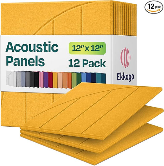 Acoustic Panels 12-Pack Soundproof Wall Panels 12"x12"x0.4" Decorative Sound Dampening for Your Home, Office, Studio, Bedroom & More with Unique ModuArc Carving [Yellow Orange Gold]