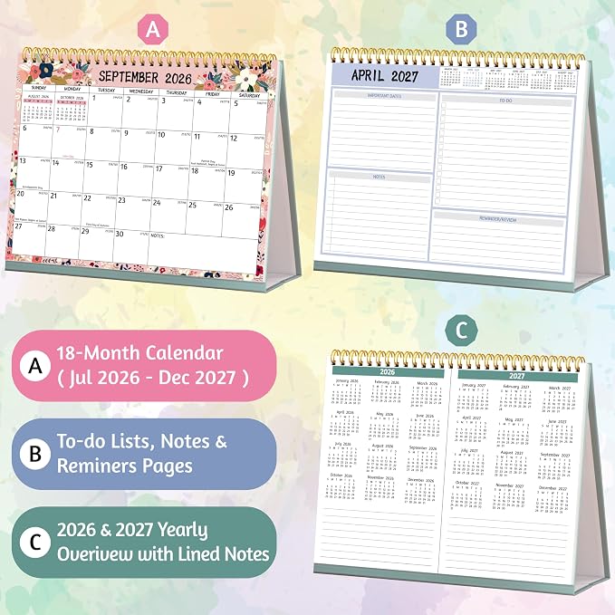 Desk Calendar 2026-2027 - Standing Flip Desktop Calendar 2026-2027, 18 Months(July 2026 - December 2027), 10" x 8", Large with Notes, To-dos, Yearly Overview, Thick Paper, Great for Easy Planning