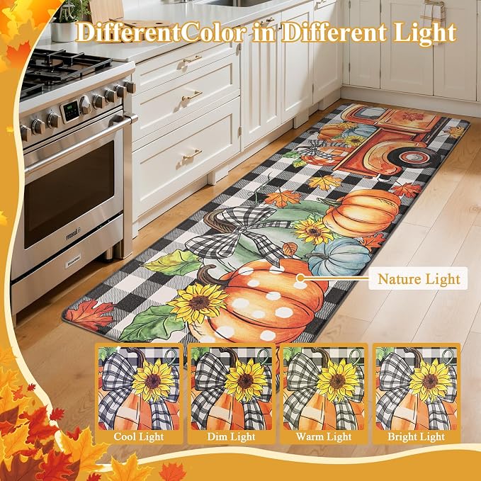 SHACOS Anti Fatigue Fall Kitchen Rugs Set of 2 Pumpkins and Sunflower | Waterproof Non Slip Cushioned Comfort Kitchen Floor Mats Harvest Autumn Black White Checkered Farmhouse Mat 17x27.5+17x47"