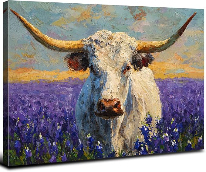 Vintage Cow Canvas Wall Art Farmhouse Wildflower Paintings Wall Decor for Living Room Rustic Texas Longhorns Cattle Canvas Prints Watercolor Animal Posters Artwork Nursery Bedroom Decorations 16x24"